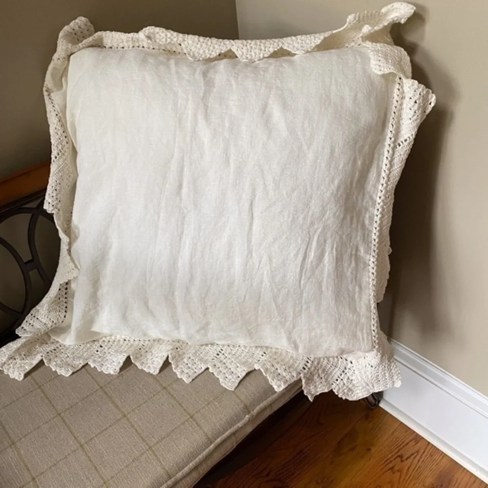 Anthropologie Beige Linen Crochet Lace Euro Sham